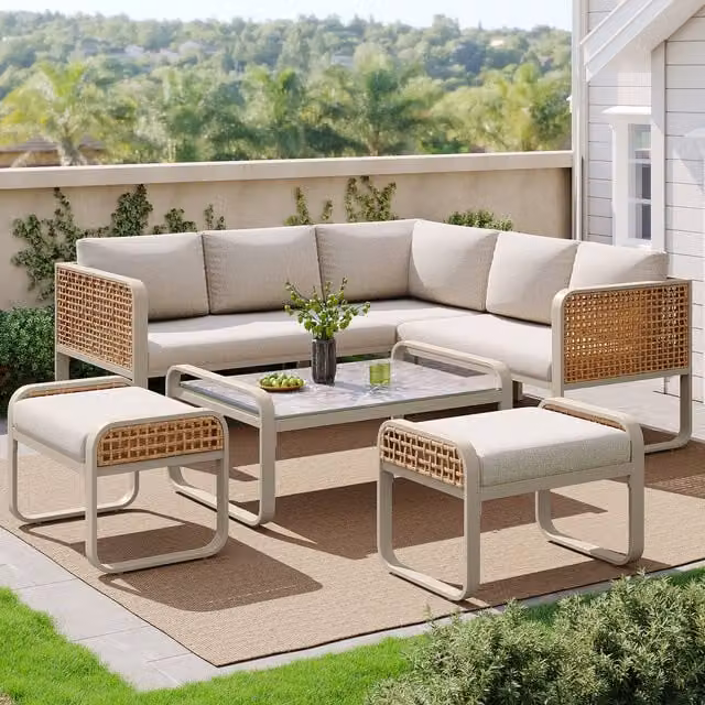 Modern Home Interior 7 Seater Rattan Outdoor Furniture Set with Stools and Coffee Table in Beige