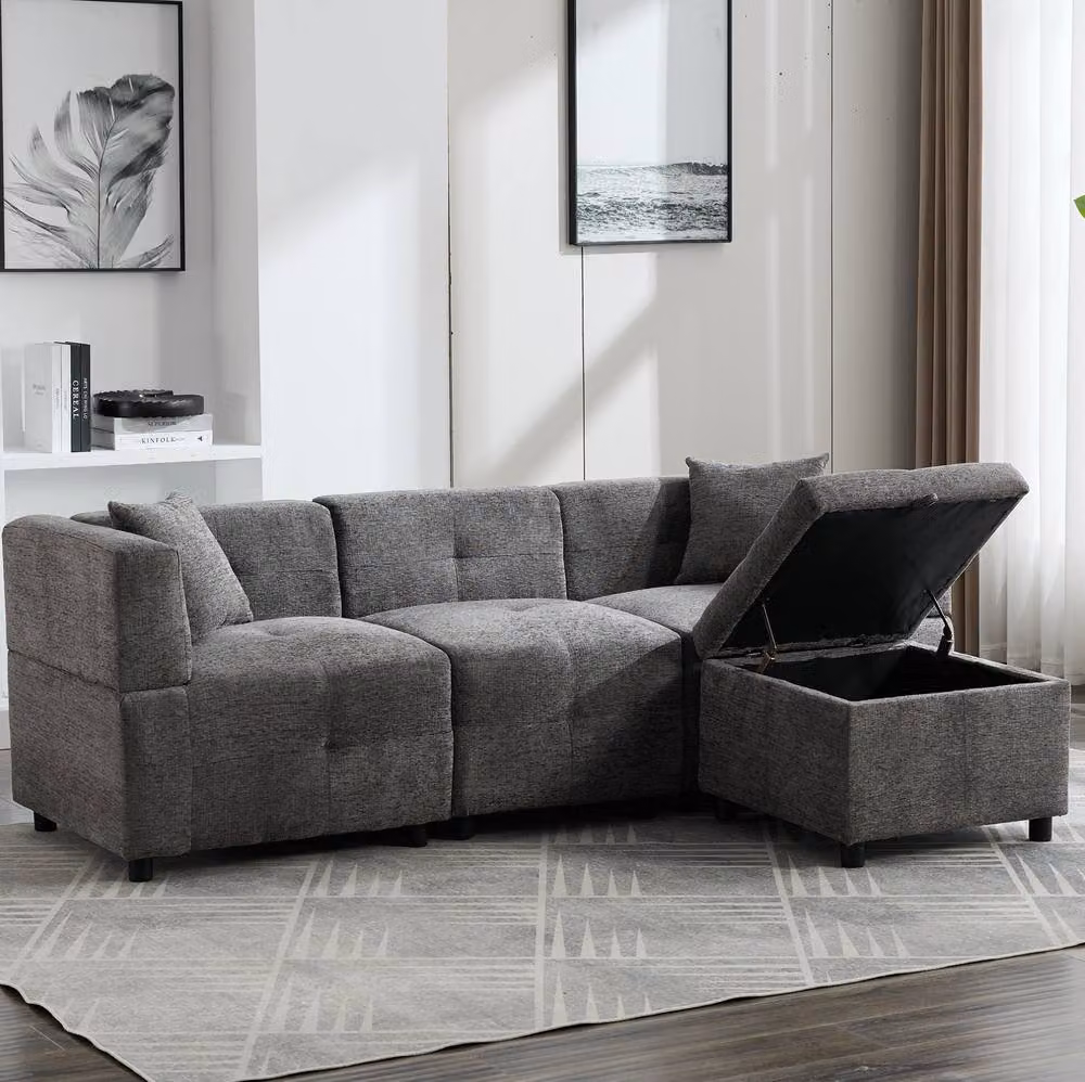 STILVORA Grey 4-Seater Reversible L-Shape Sectional Fabric Sofa with Matching Storage Ottoman and Solid Wood Frame – 2