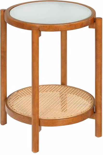 Gymax 2-Tier Round Boho Side Table in Brown Acacia Wood and Glass – 1