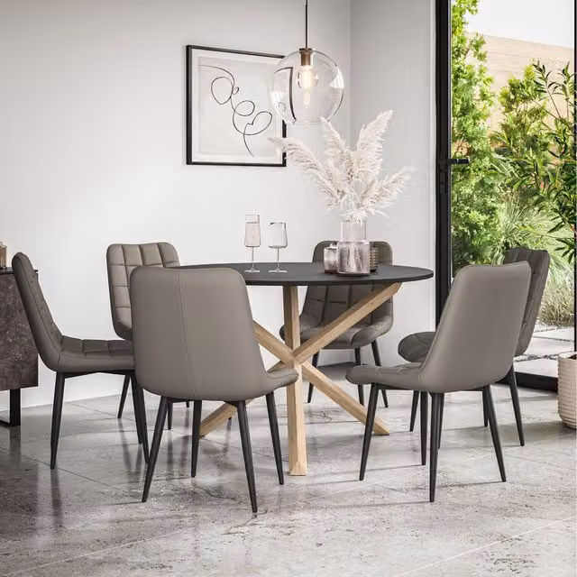 More4Homes Malvern Round Black Dining Table with 6 Grey Nova Faux Leather Chairs and Oak Legs