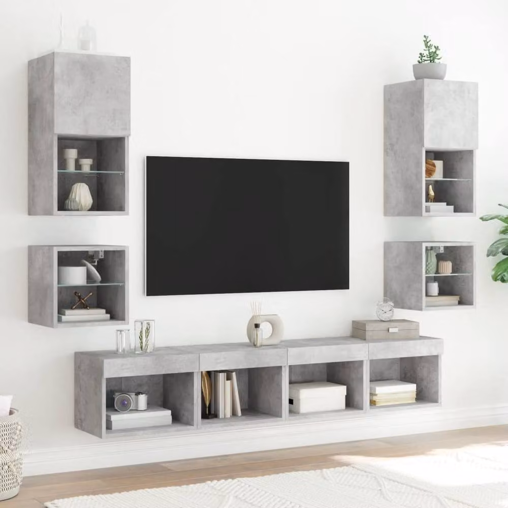 Berkfield Home Wall-mounted Bedside Cabinet with Integrated LED Lights in Concrete Grey – 2