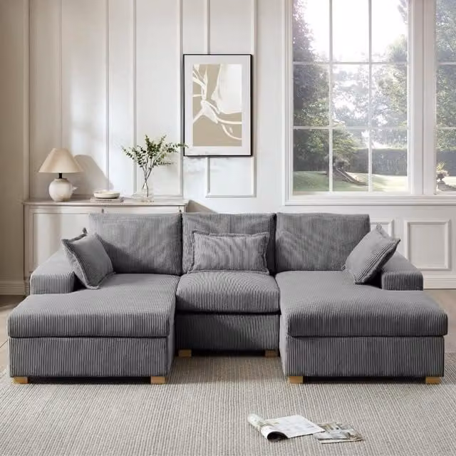 Muriel U-Shaped Sofa in Stone Grey Cord with Scatter Cushions