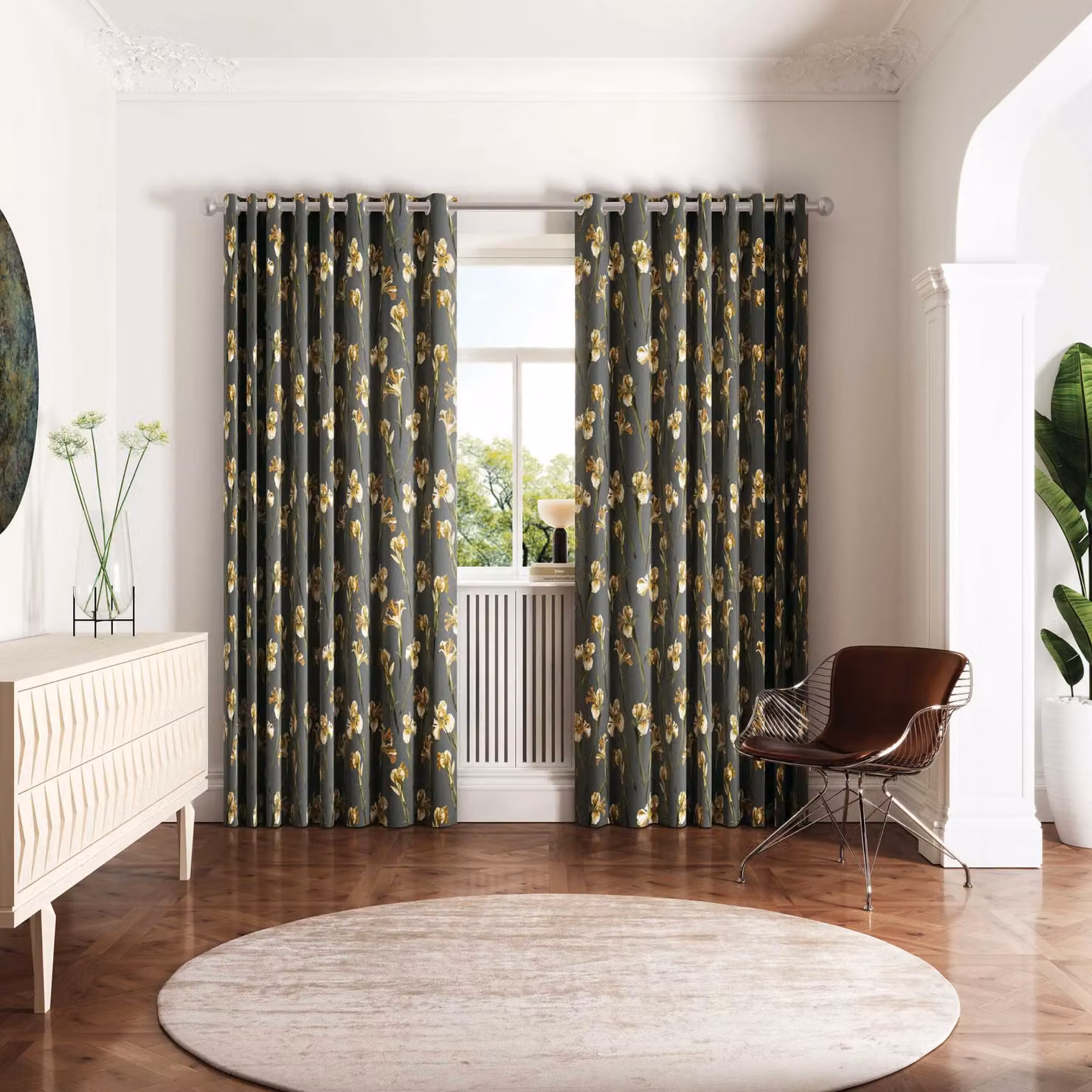 Ted Baker Wild Iris Floral Opaque Lined Curtains in Charcoal Grey, Width: 167.64 cm, Drop: 137.16 cm – 2