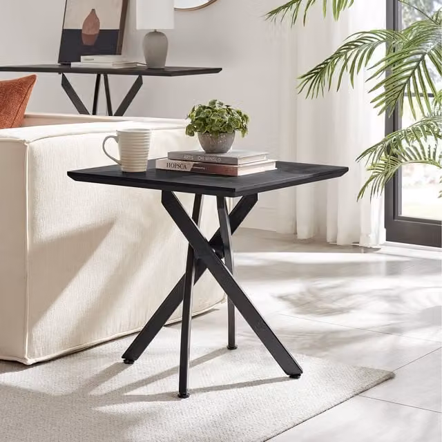 FurnitureboxUK Leonardo Side Table with Veneer Top and Black Legs, Black