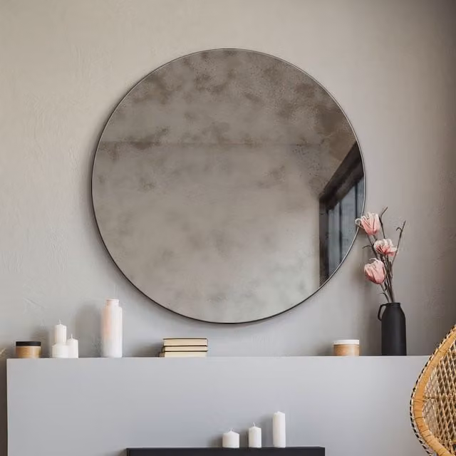 MirrorOutlet Round Antiqued Silver Mirror with Polished Edge, W/D/H: 80 x 80 x 80 cm – 1