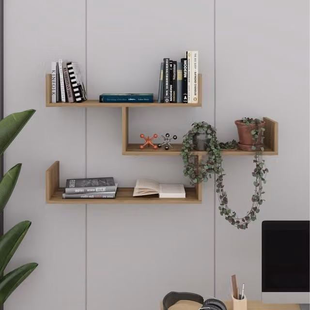 Decortie Tibet Wall Mounted Modern Bookcase Display Unit in Brown, W: 120 cm, H: 66.4 cm – 1
