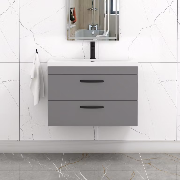 Royal Bathrooms Turin 800mm Wall Hung Vanity Unit in Indigo Grey Gloss with 2 Drawers and Matt Black Handles