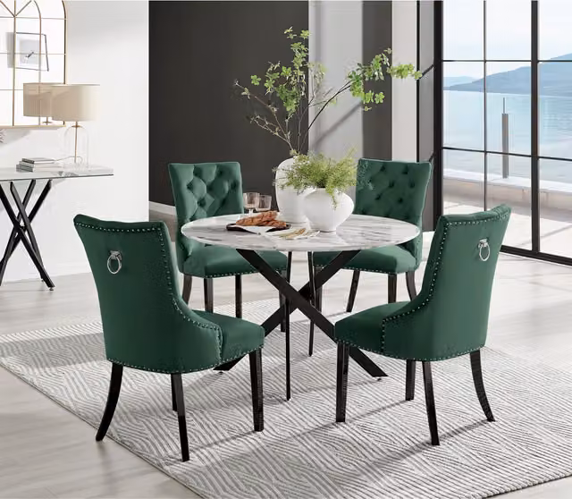 FurnitureboxUK Novara White Marble Effect Round Dining Table and 4 Belgravia Black Leg Chairs in Green