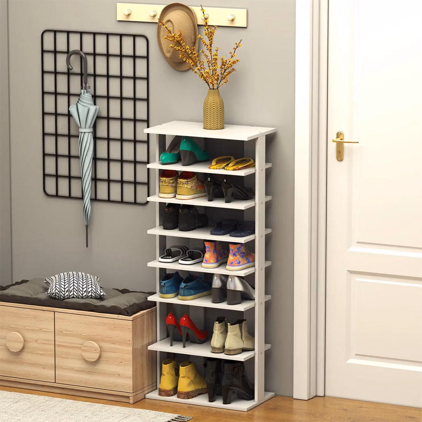 Costway 7-Tier Double Corner Shoe Rack and Vertical Display Shelf in White – 3