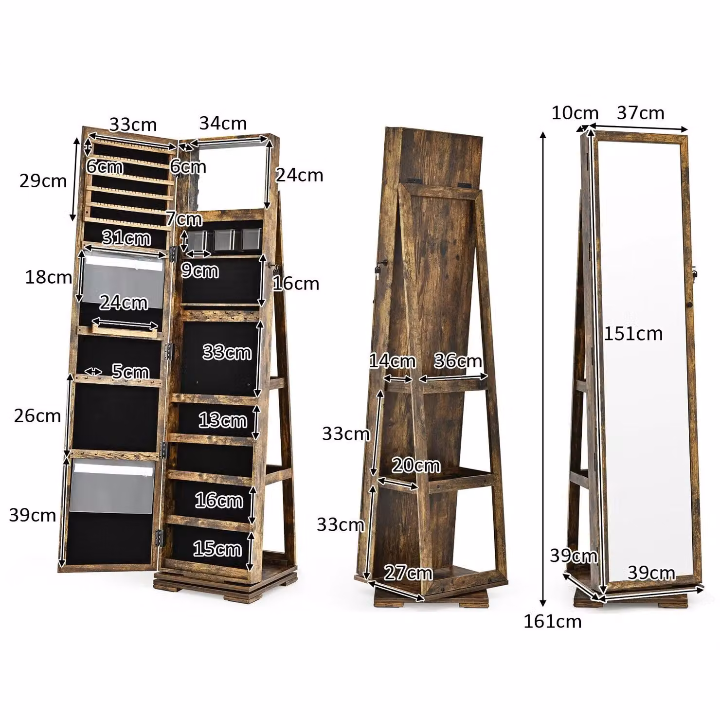 Costway 3-in-1 Rotating Mirrored Jewelry Armoire in Brown, Freestanding Lockable Large Capacity Organizer with Makeup Mirror – 2
