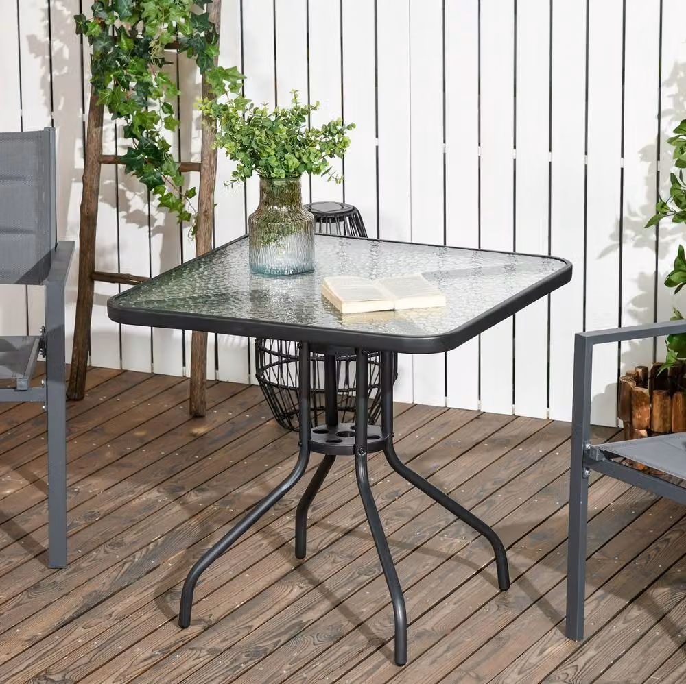 STILVORA Modern Square Garden Dining Table with Glass Top and Umbrella Hole in Matt Black – 2