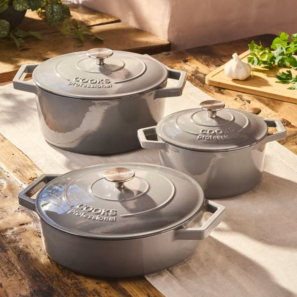 Cooks Professional 5 Piece Enamelled Cast Iron Casserole Dish, Frying Pan and Skillet Set in Grey – 3