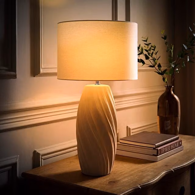 ValueLights Lydia Tall Swirl Matte Ceramic Table Lamp with Fabric Drum Shade and LED Bulb in Beige