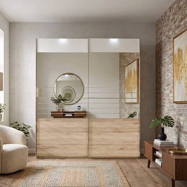 Add On F 2-Door Mirror Sliding Wardrobe in Oak