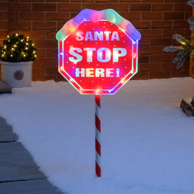 Christow Santa Stop Here LED Light Up Outdoor Christmas Decoration, Red, White and Multicolour