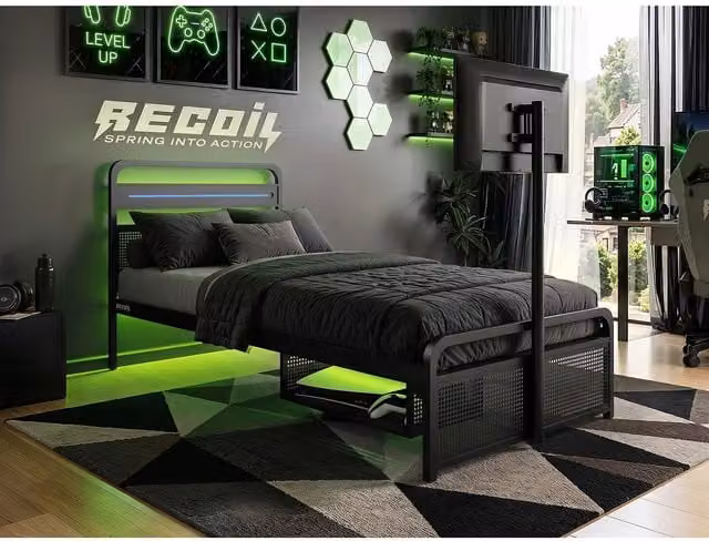 Recoil Panther Metal TV Bed with Storage, LED Headboard and Side Compartments, Black, W/D/H: 90 x 190 cm