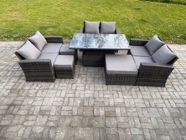Fimous Dark Grey PE Rattan Garden Furniture Set with Height Adjustable Lifting Table and 3 Footstools