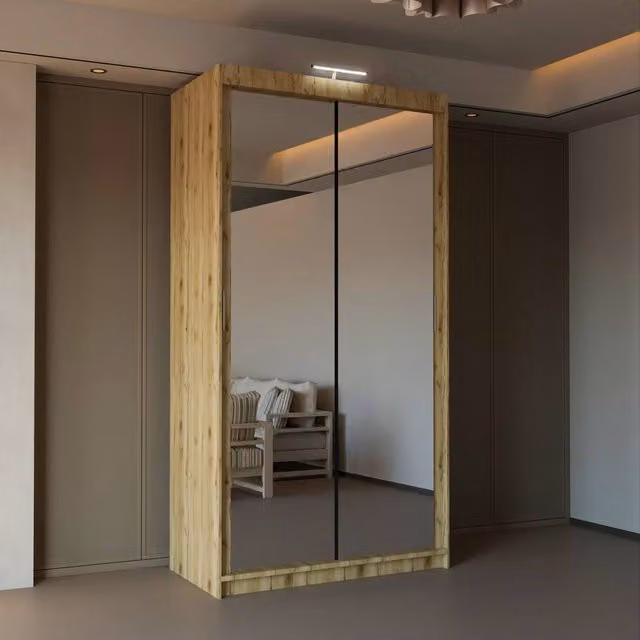 Sliding Wardrobes 4U Modern Mirror Sliding Wardrobe with Integrated LED Light, Light Oak, W: 90 cm, H: 200 cm