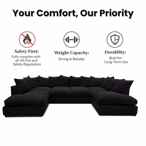 Bliss Furniture Jumbo Cord U-Shaped Scatter Back Sofa in Black with Removable Covers and Scatter Cushions – 3