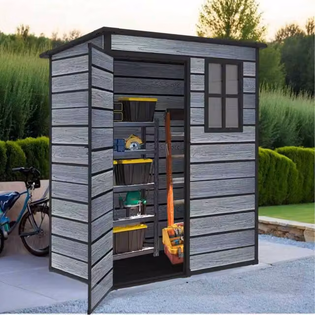 BIRCHTREE Grey Plastic Garden Storage Shed with Wood Grain Effect, W/D/H: 151 x 92 x 194 cm