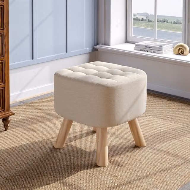 Livingandhome Beige Linen Fabric Square Padded Footstool with Wooden Legs