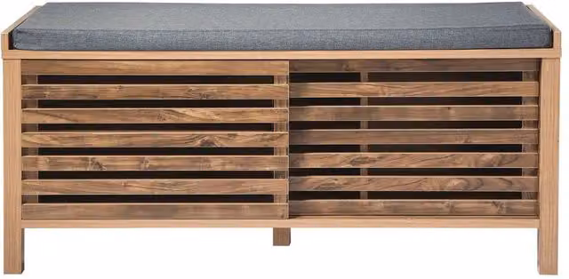 CALICOSY LIAM Shoe Bench with 2 Sliding Doors and Openwork Slats, Brown, W: 112 cm, D: 43.5 cm, H: 51 cm