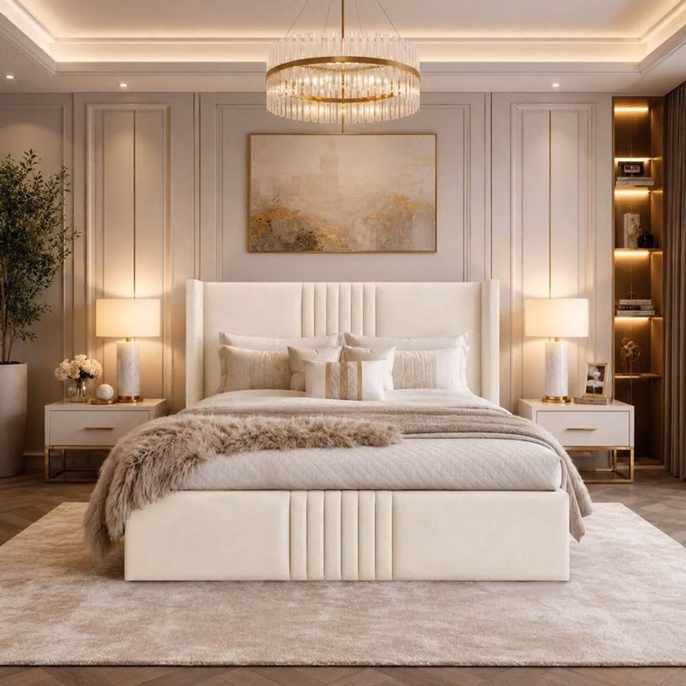 Desire Deco Brookes Wingback Ottoman Storage Bed Frame in Beige Plush Velvet, Small Double (W/D/H: 120 x 200 cm) – 1