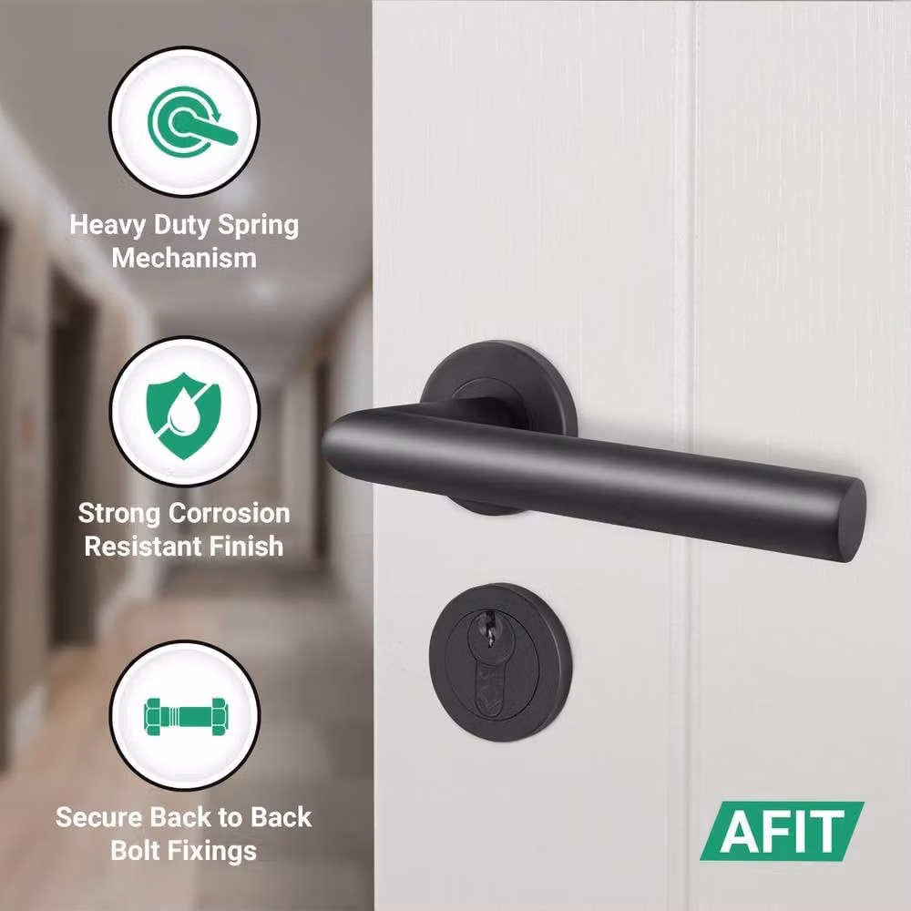 AFIT Matt Black Lever on Rose Euro Lock and Hinge Kit with Double Cylinder, Stainless Steel – 3