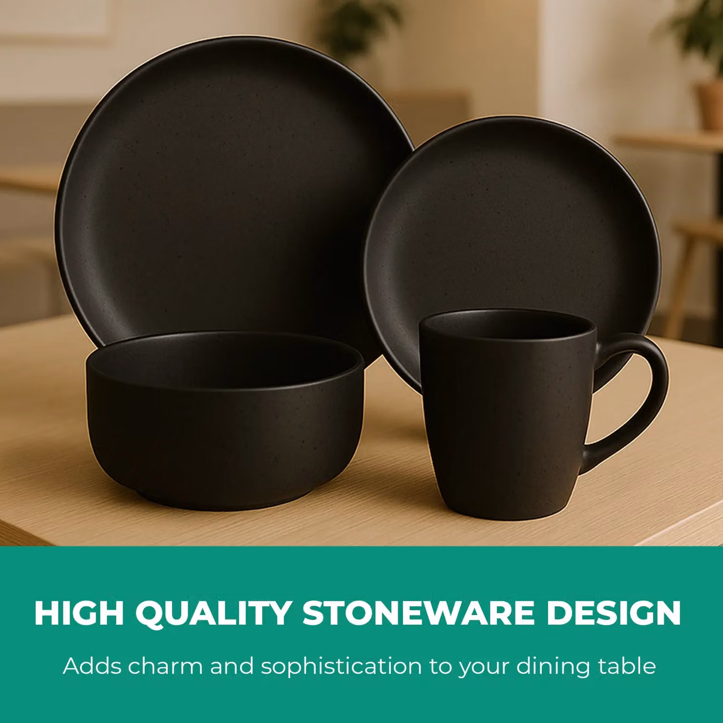 Royalford 16 Piece Black Stoneware Dinner Set, Dishwasher and Microwave Safe – 4
