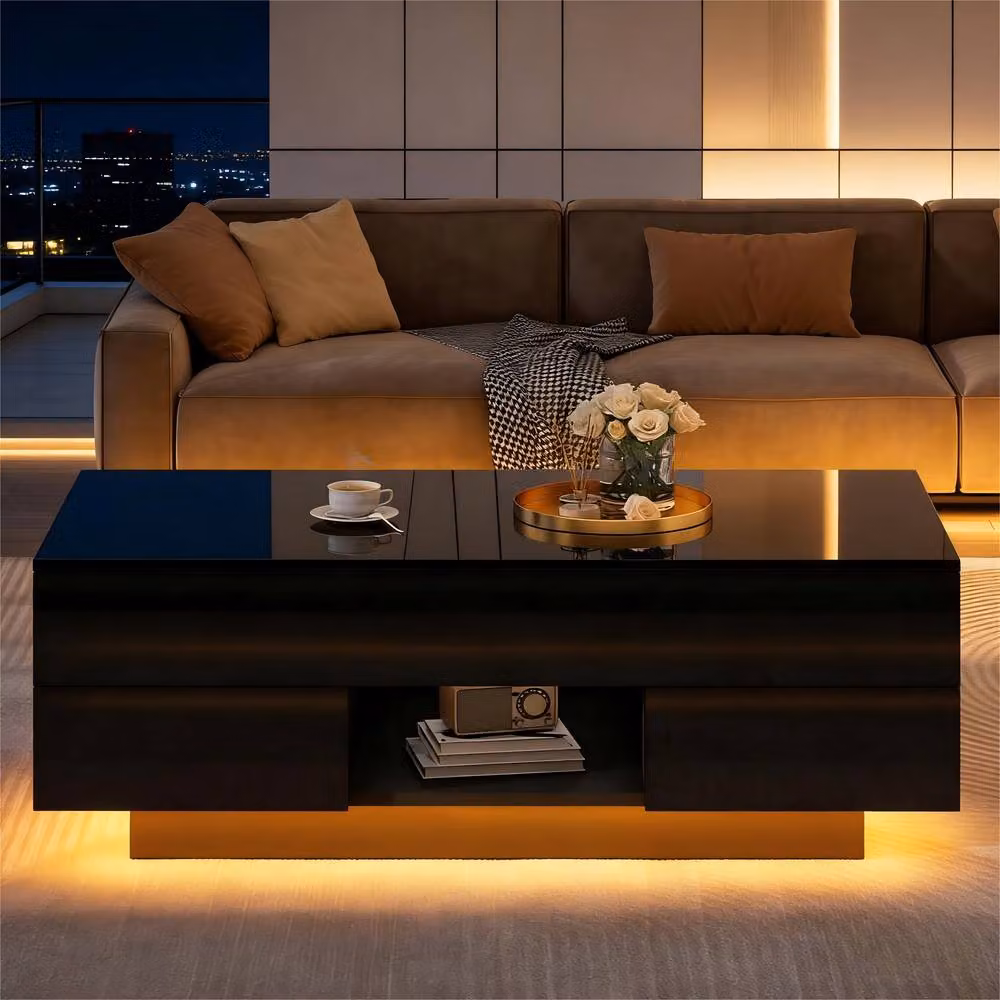 Merax High Gloss Lift-Top Coffee Table with Hidden Storage and LED in Black, W/D/H: 100 x 45 x 43 cm – 5