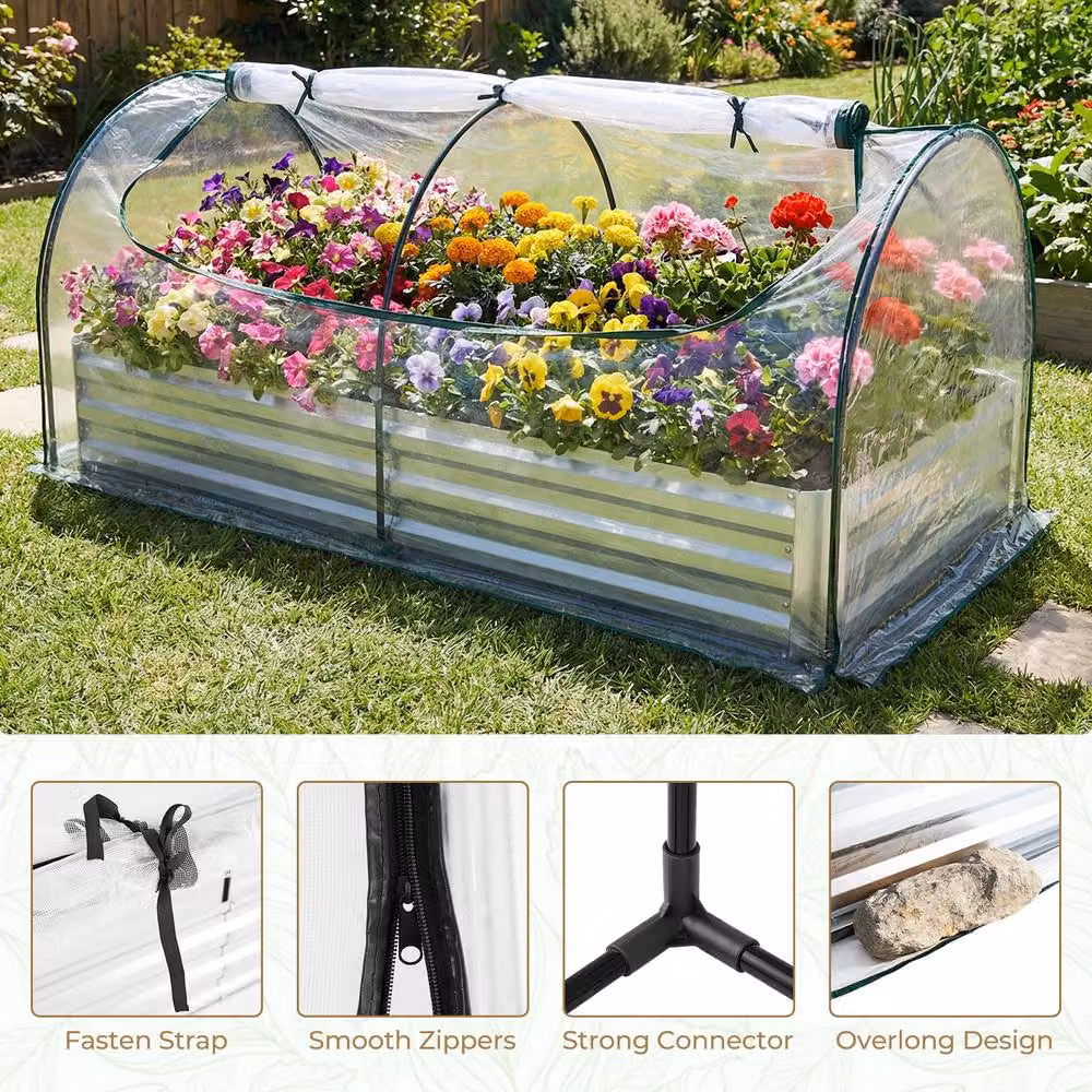Gymax Silver Galvanised Steel Raised Garden Bed with Removable Mini Greenhouse Cover – 6