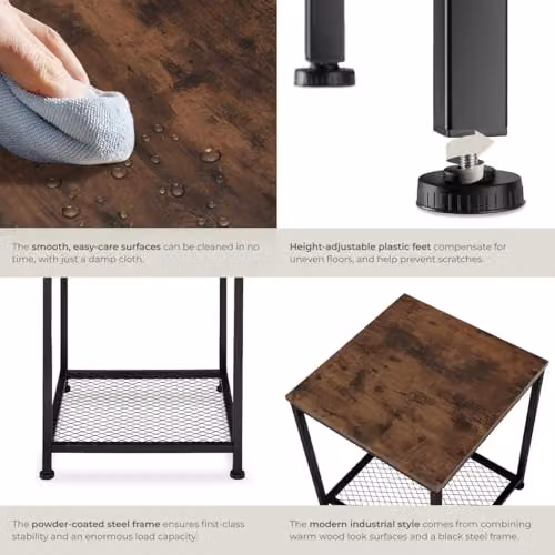 tectake Industrial 2-Tier Side Table with MDF Laminate Top and Metal Frame in Black and Brown, W/D/H: 45.5 x 45.5 x 55.5 cm – 5