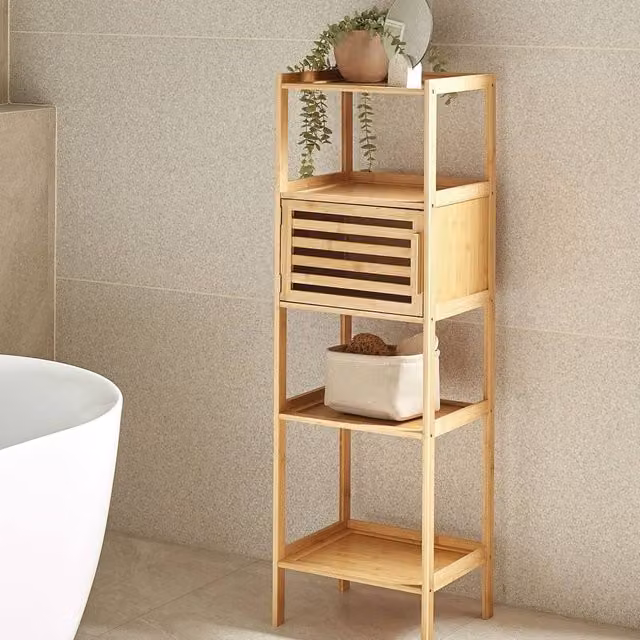 Wyld and Coco Bamboo Bathroom Shelf Unit with 4 Shelves and 1 Door, Light Brown, H 114 x W 36 x D 30 cm – 1