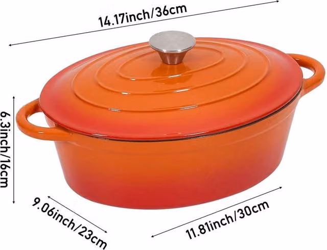 PAWNORA Orange Oval Enamel Cast Iron Dutch Oven with Glass Lid Casserole Stockpot