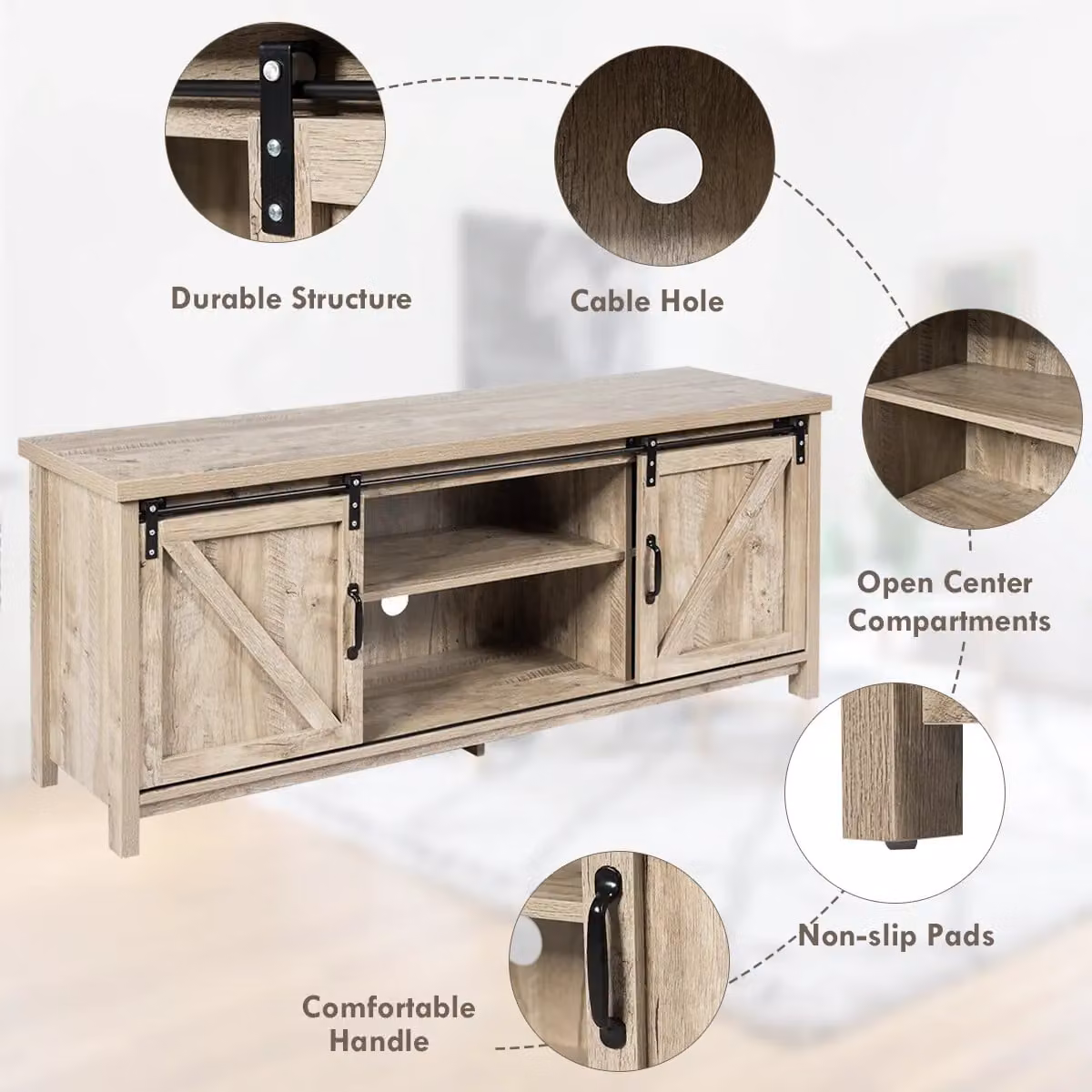 Costway Modern Grey Wooden TV Cabinet with Media Storage Shelves and Cabinets for 60 inch TVs – 4