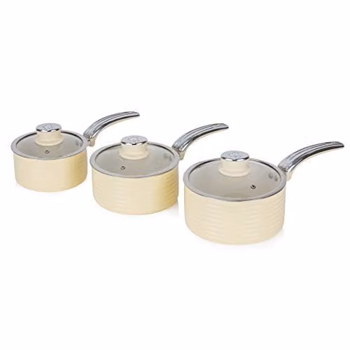 Swan Retro 3 Piece Induction Saucepan Set with Glass Lids, Ceramic Coating, Beige