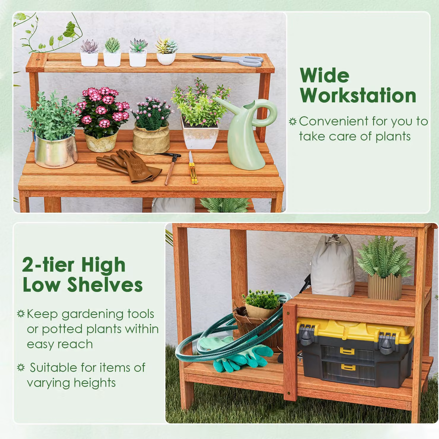 Gymax Rustic Wood Garden Potting Bench Table and Planting Workstation with Open Shelves in Brown – 3