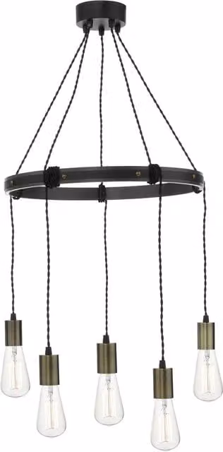 Dar IVA0531 Suspended Industrial Ring Pendant Light in Brown with Wood and Metal Details, Height Adjustable and Dimmable, H: 150 cm, W: 30 cm, D: 30 cm
