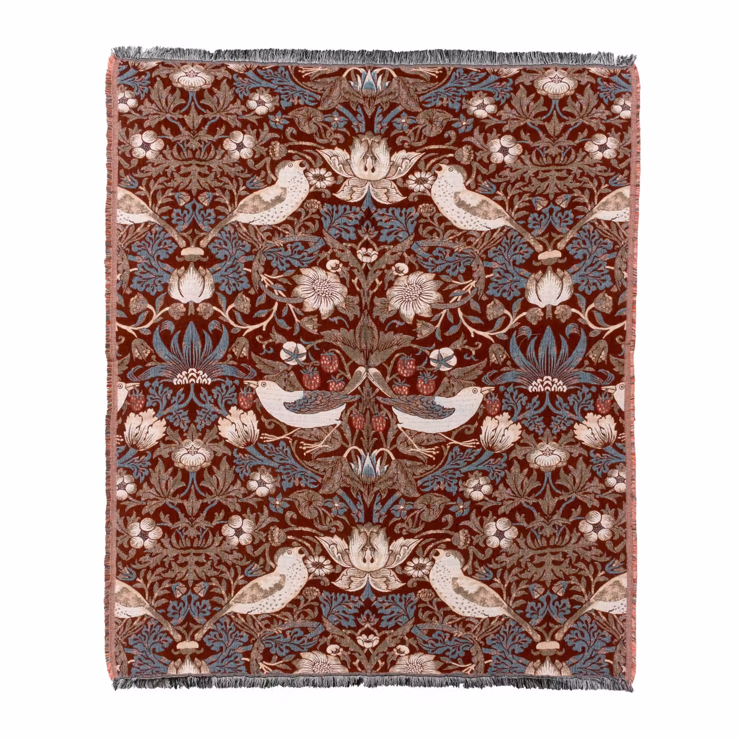 Morris & Co. Strawberry Thief Jacquard Throw with Fringes in Red, W: 130 cm, D: 170 cm – 2