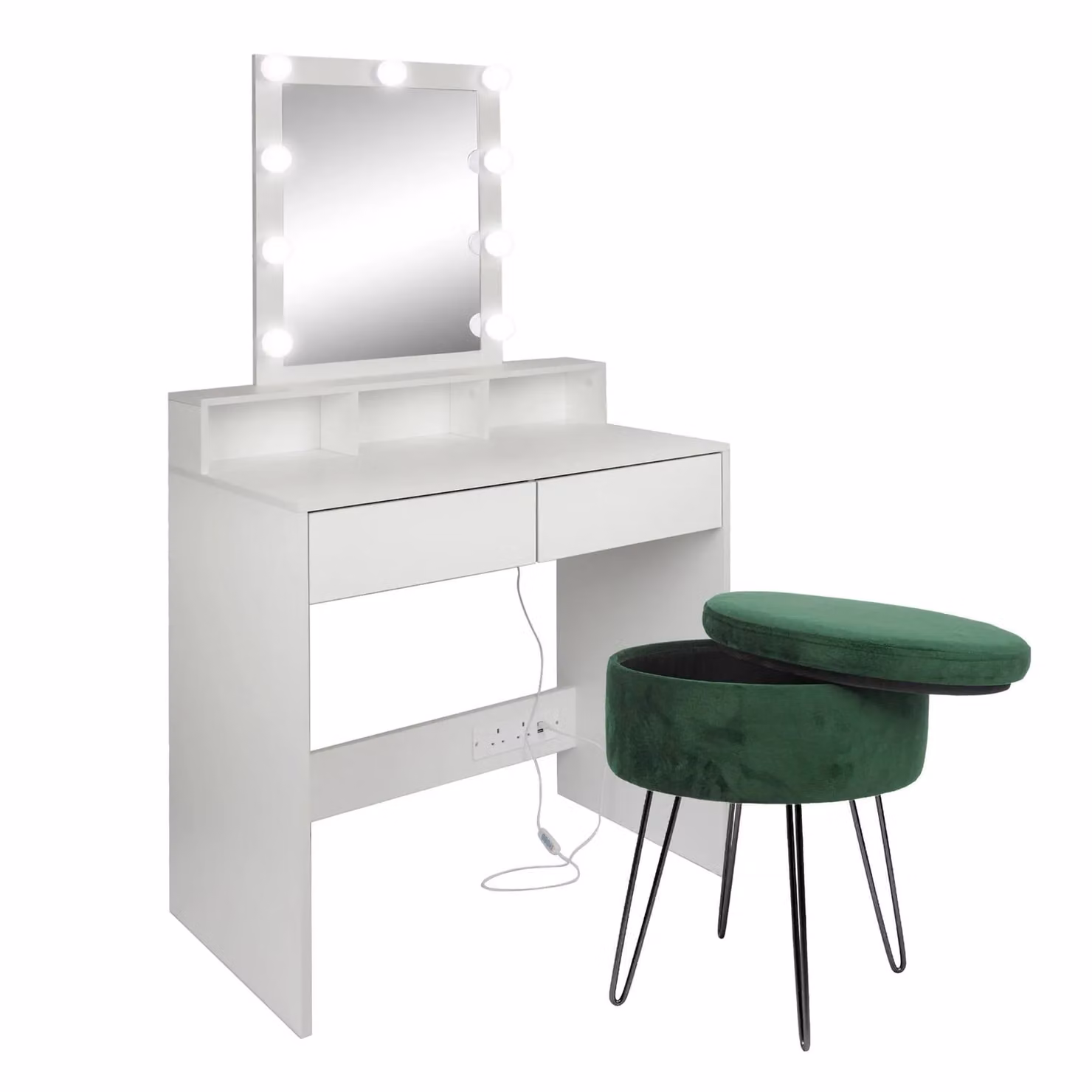 Harbour Housewares Modern Wooden Dressing Table Set with LED Lights and Stool in Green – 1