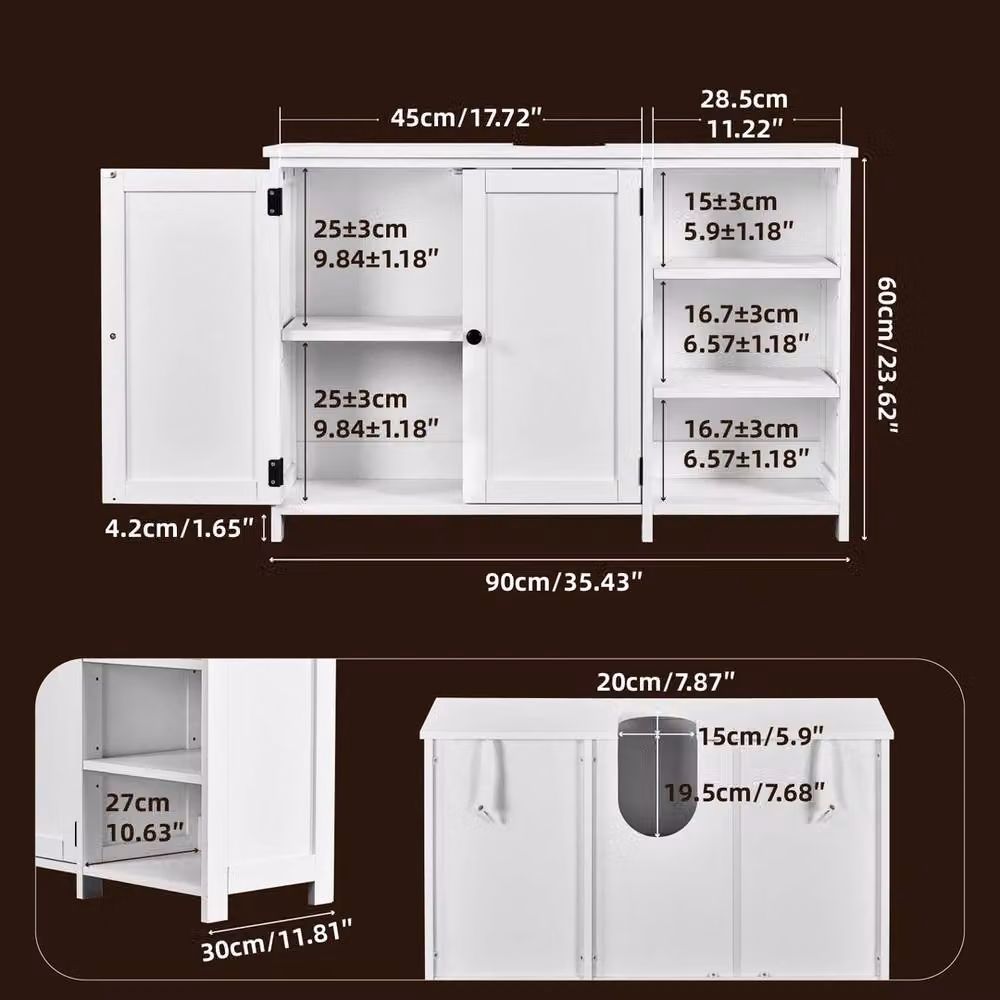 Nordara White Under Sink Bathroom Cabinet with 2 Doors and 3 Shelves, W/D/H: 90 x 30 x 60.5 cm – 2