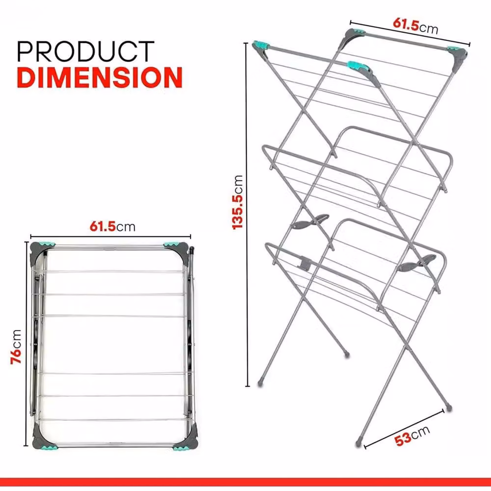 KORVIXA 3 Tier Foldable Clothes Drying Rack in Silver – 2