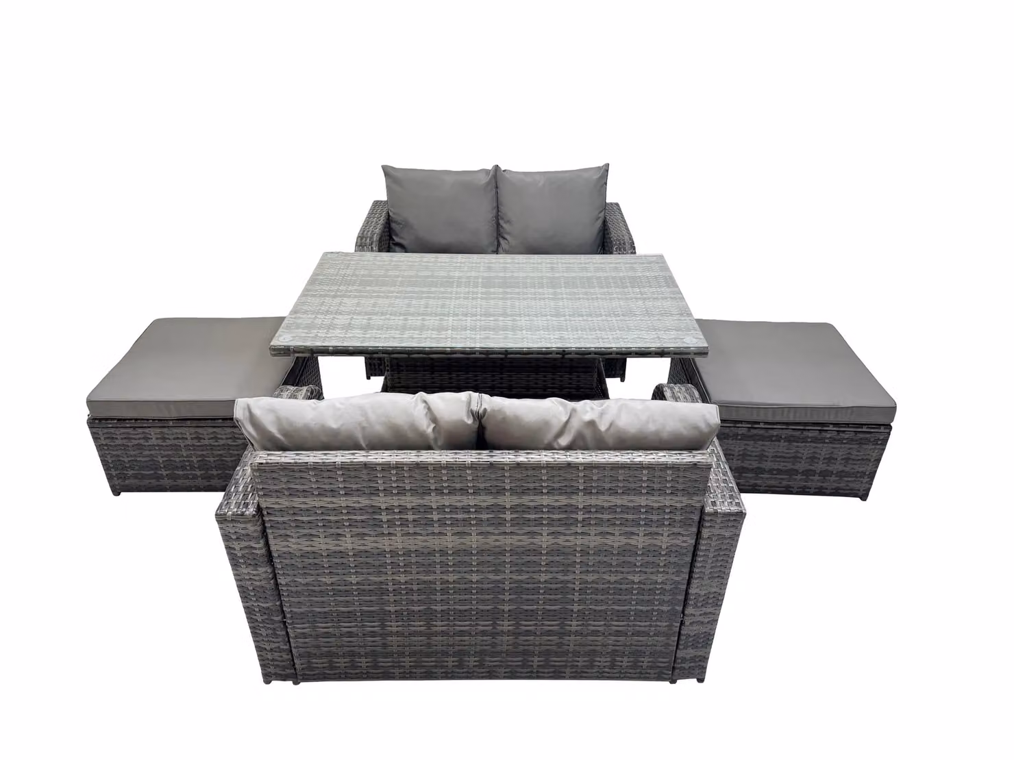 Fimous Dark Grey Outdoor Rattan Garden Dining Set with Height Adjustable Lifting Table and Love Sofa – 2