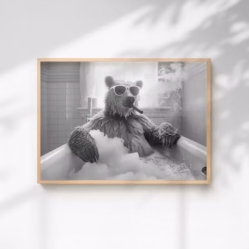 60 Second Makeover Bear Smoking A Cigar In The Bath Animal Print Paper Poster, A4