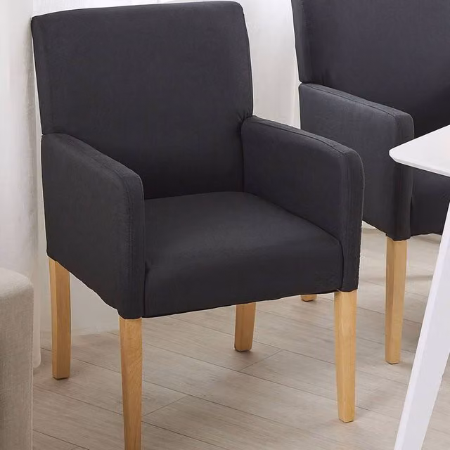Wyld and Coco Black Fabric Dining Chair with Armrests and Rubberwood Legs