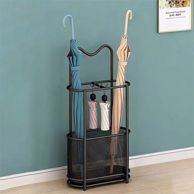 Nordara Black Metal Freestanding Umbrella Stand with Removable Drip Tray and Hooks, H 100 cm x W 15 cm x D 15 cm – 1
