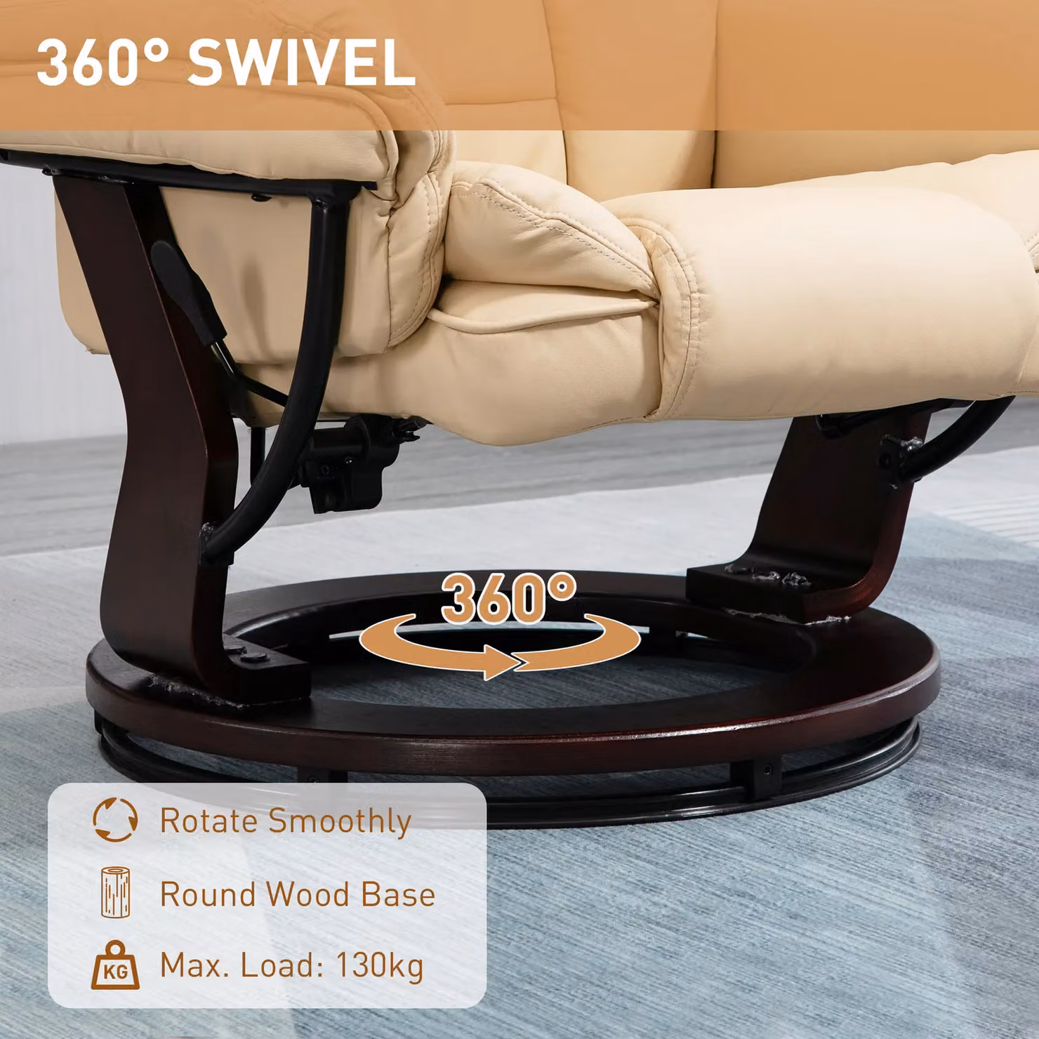 HOMCOM Swivel Manual Recliner and Footrest Set in Beige PU Leather – 5