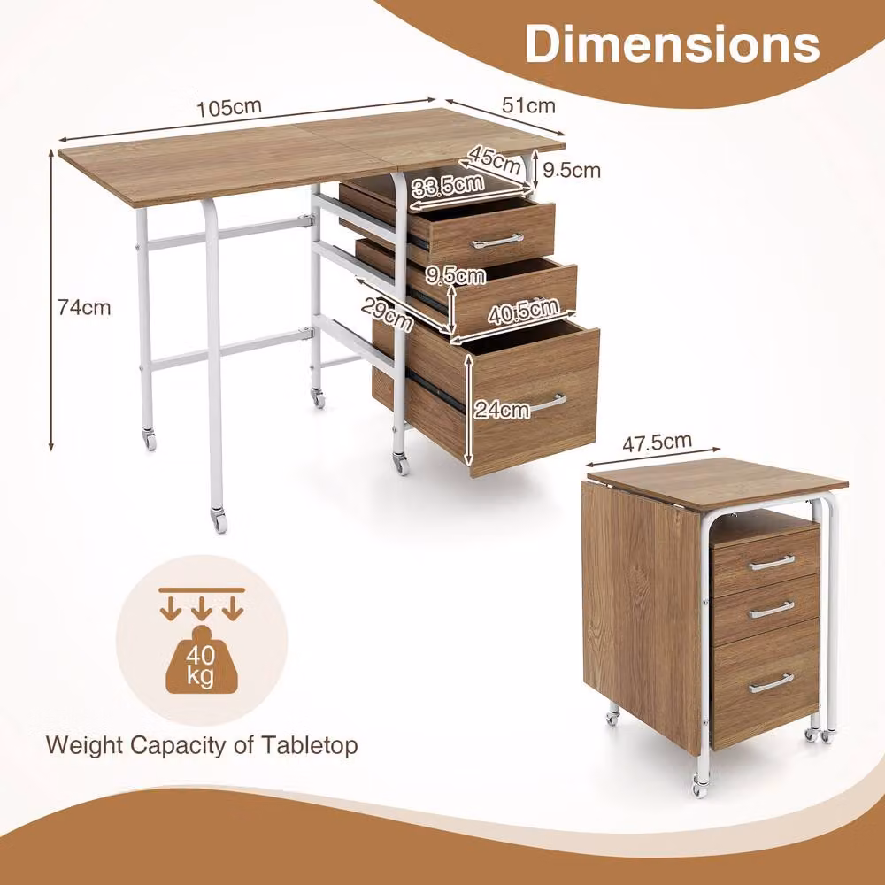 Costway Folding Computer Desk with 3 Drawers in Natural – 2