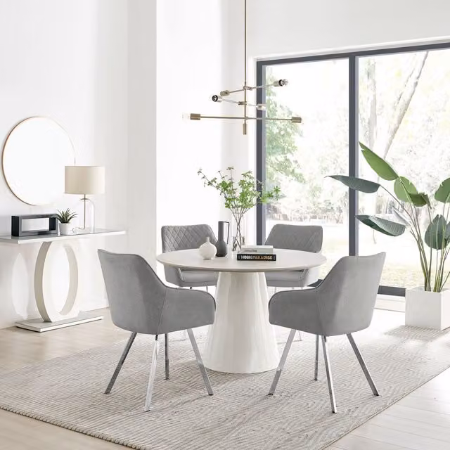 Furniturebox Palma Beige Stone Effect Round Dining Table and 4 Falun Silver Leg Chairs in Light Grey