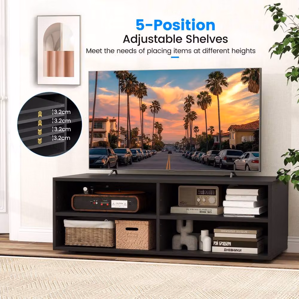 Gymax Modern Black Entertainment Center TV Stand with 4 Compartments, Width: 90 cm – 6